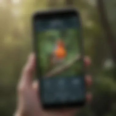 Mobile App Interface for Bird Song Identification A close-up of a smartphone screen displaying a popular bird identification app in action.