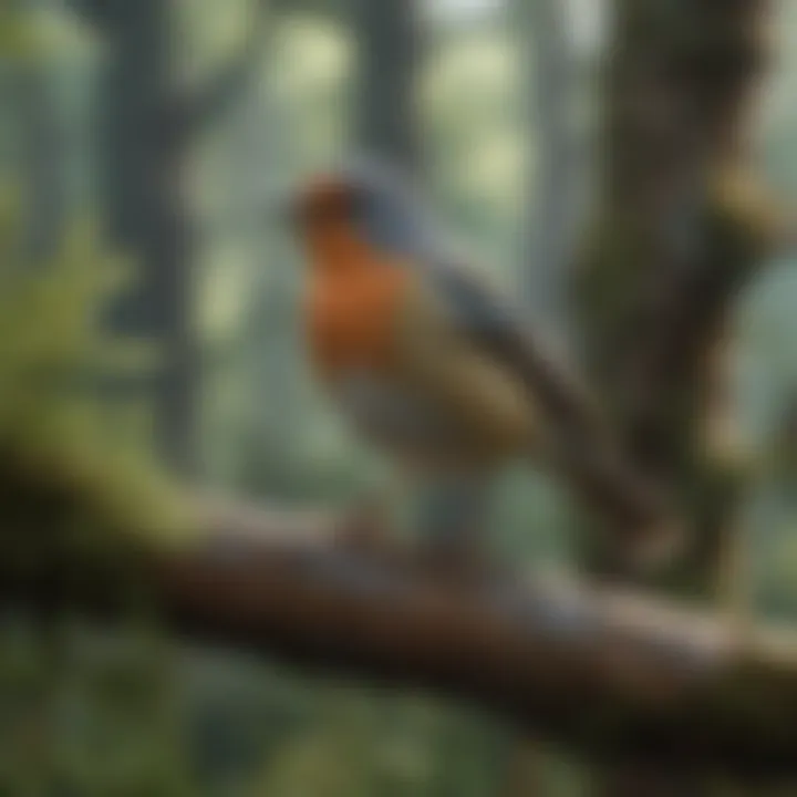 A serene forest scene with various bird species perched on branches, each contributing unique sounds.