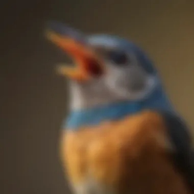 A close-up of a songbird in mid-call, showcasing its vibrant plumage and vocal expression.