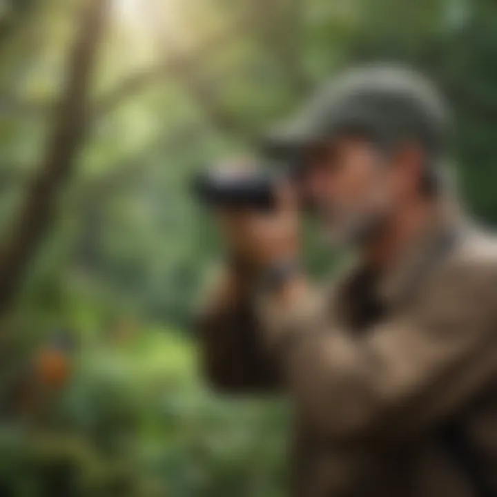 A birdwatcher observing birds with binoculars in a lush green setting.