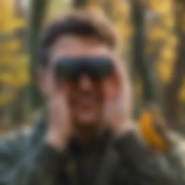 Birdwatching Experience Birdwatching enthusiast using binoculars to observe vibrant birds in nature.