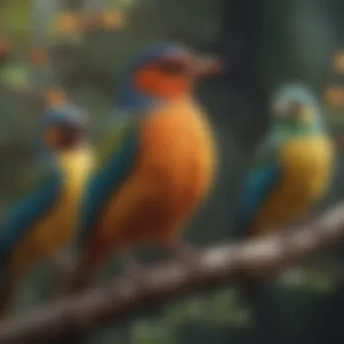 Variety of colorful birds perched on branches showcasing their plumage.