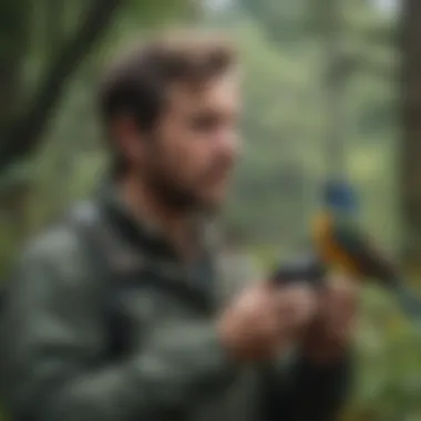 A birdwatcher using a sound identification app in the field