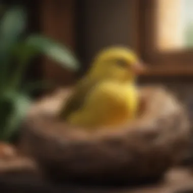 A gentle canary resting in a cozy nest