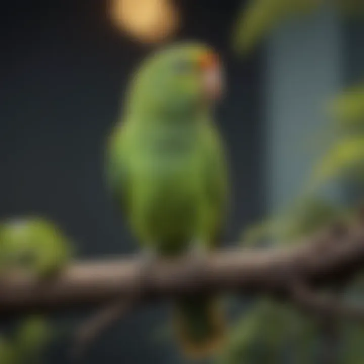 A serene parakeet perched quietly on a branch