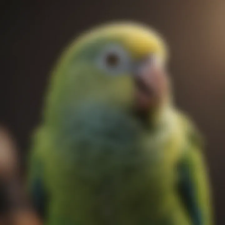 A parakeet with its beak partially open, showcasing respiratory issues.