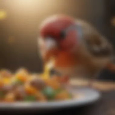 A finch enjoying its meal from a high-quality food brand.