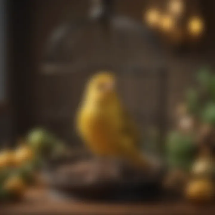 A serene canary in a cage, surrounded by decorative elements.