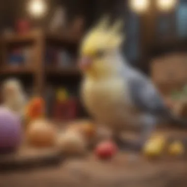 A playful cockatiel engaging with a variety of toys in its space.