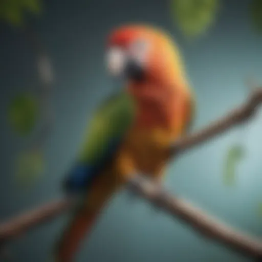 A vibrant parrot perched on a branch, showcasing its vivid colors and playful demeanor.