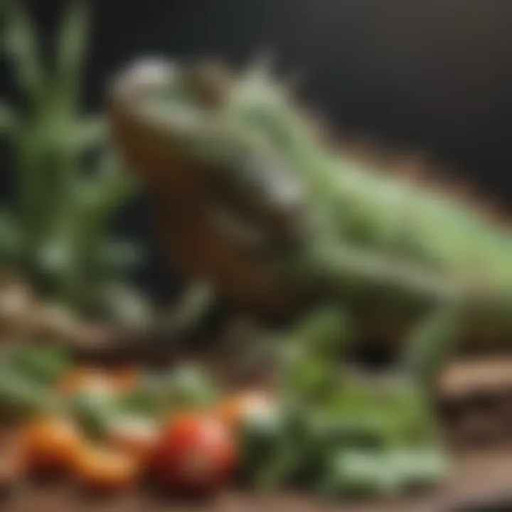 Close-up of a varied iguana diet featuring leafy greens and vegetables