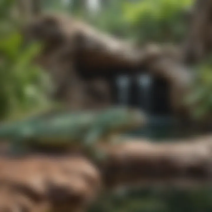 Iguana enclosure with varied terrain and water source for optimal well-being