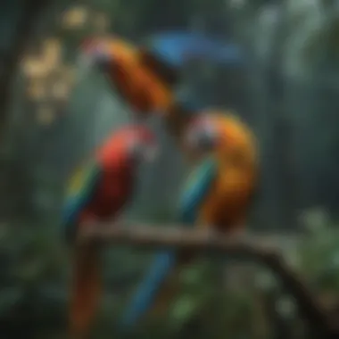 A group of macaw parrots interacting in their natural habitat