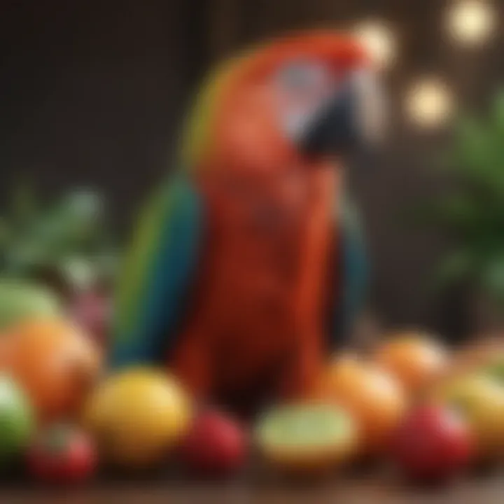 A macaw parrot enjoying a variety of fresh fruits