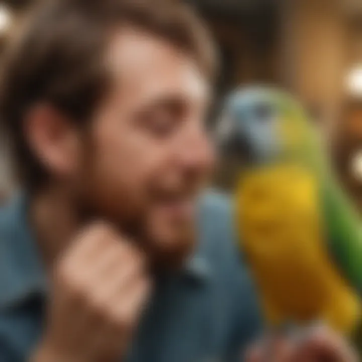 A playful parrolet interacting with its owner, demonstrating their affectionate behavior