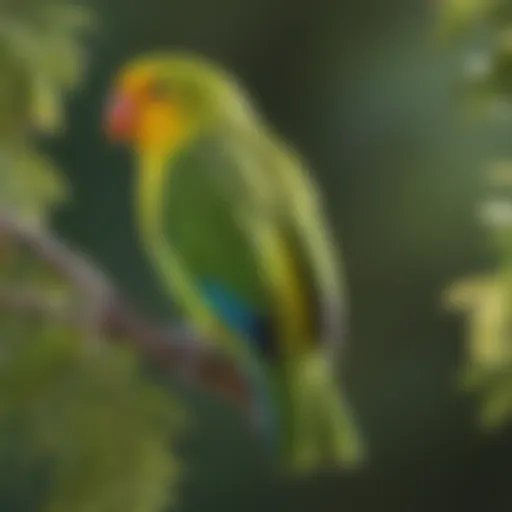 A vibrant green parrolet perched on a branch, showcasing its colorful plumage