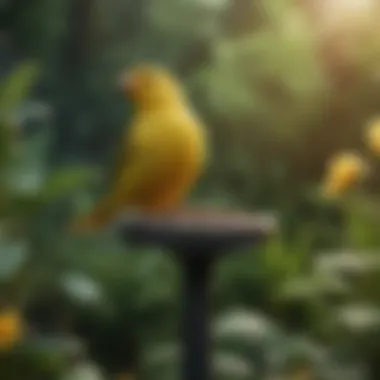 A serene canary singing in a beautiful garden setting.