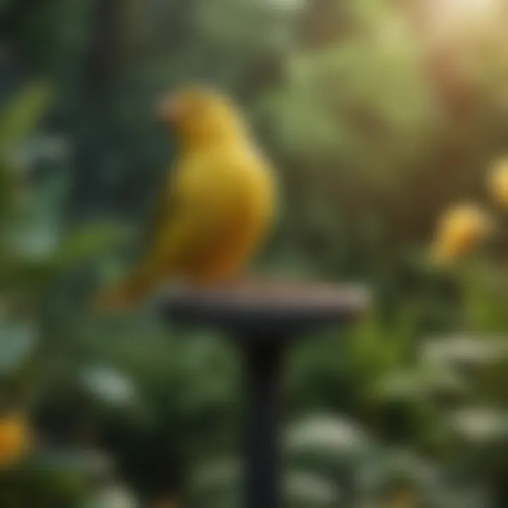 A serene canary singing in a beautiful garden setting.