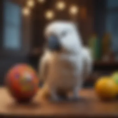 A quirky cockatoo engaging with a toy, showcasing its personality.