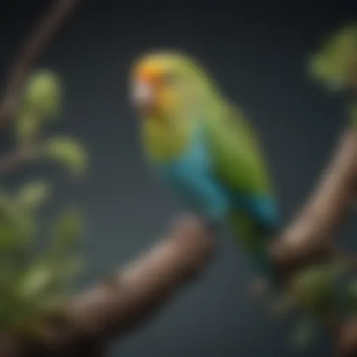 A vibrant parakeet perched on a branch with a playful expression.