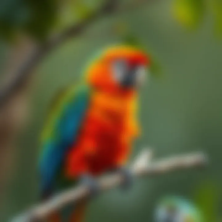 A vibrant parrot perched on a branch, showcasing its colorful feathers.