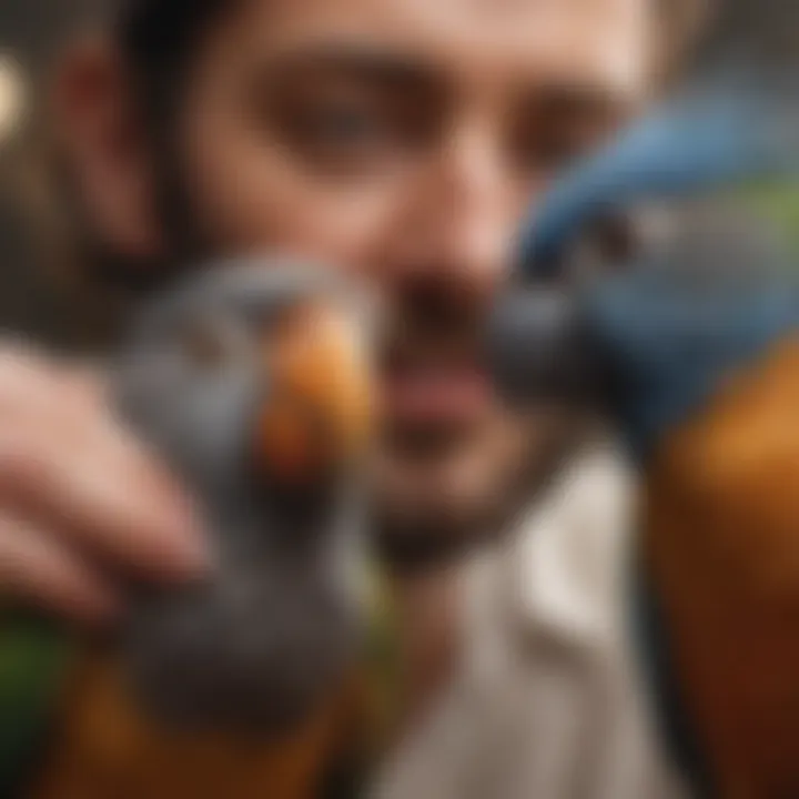 A close-up of a pet bird interacting playfully with its owner, highlighting the emotional bond between them.