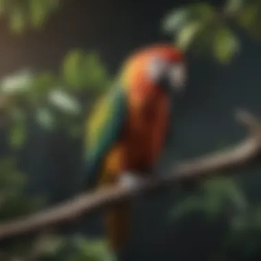 A vibrant parrot perched on a branch, showcasing its natural behavior in a serene environment.