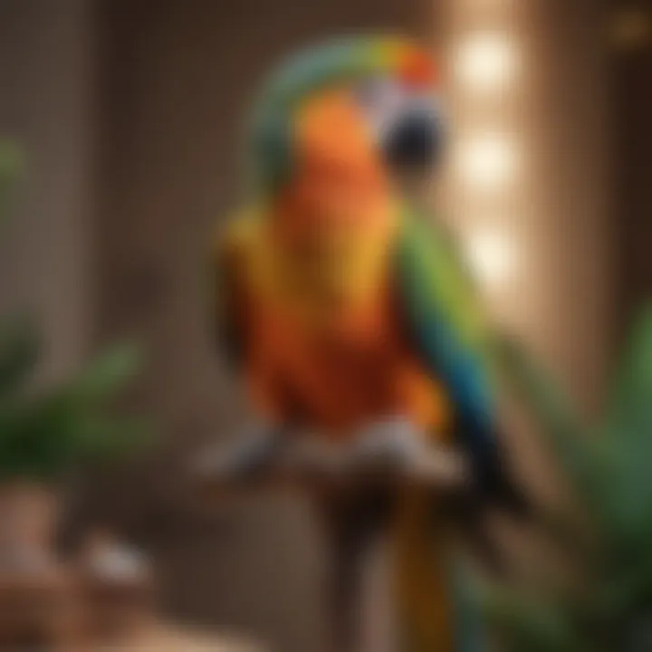 A vibrant parrot perched on a Java bird stand, interacting playfully with toys.