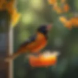 Vibrant oriole perched near a jelly feeder