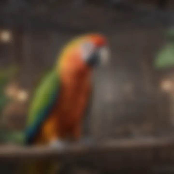 Variety of enrichment items for parrots in a spacious cage