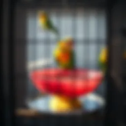 A colorful large bird bath in a spacious birdcage