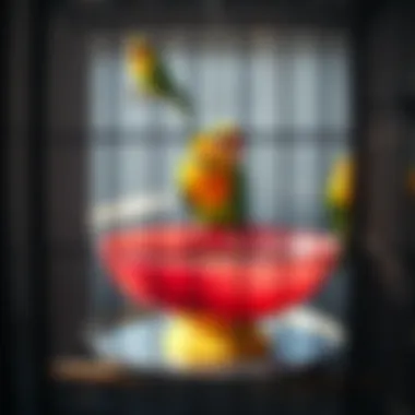 Vibrant Large Cage Bird Bath A colorful large bird bath in a spacious birdcage