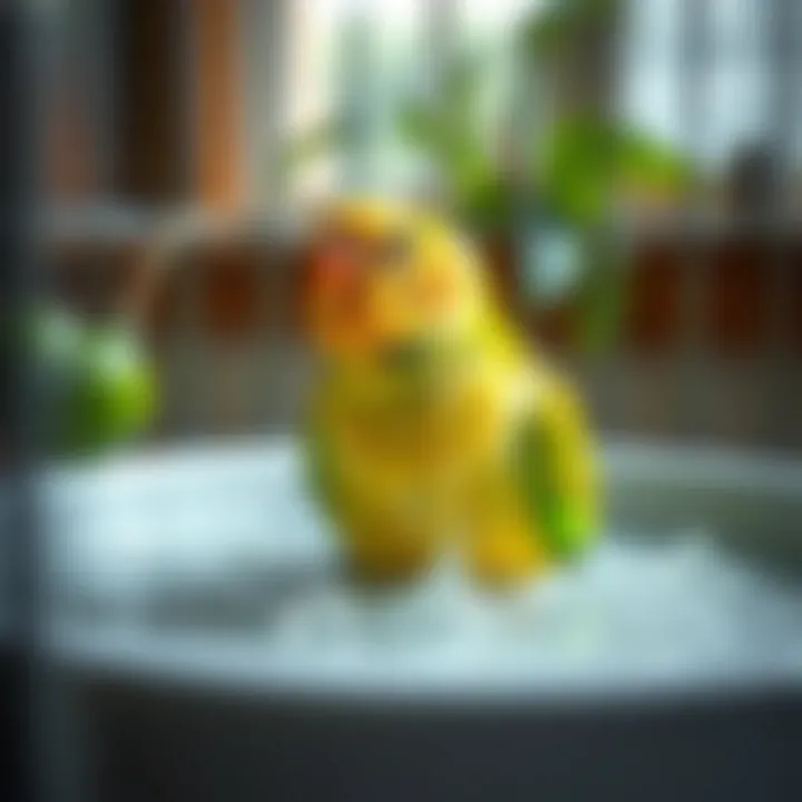 Parakeet Bathing Joyfully A parakeet enjoying a bath in a large cage bird bath