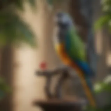 Parrot engaging with toys on a Java tree stand