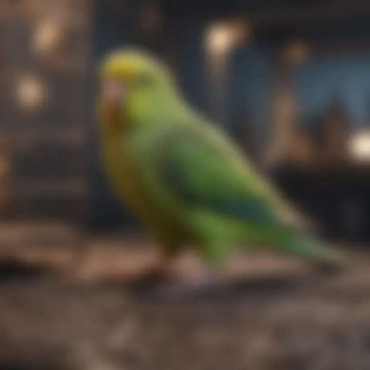 A healthy parakeet exploring its spacious flight cage