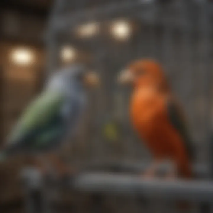 Birds interacting in a large steel cage