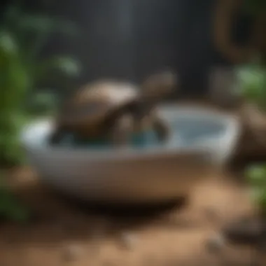 Optimal Water Bowl Design for Tortoises A spacious, well-designed tortoise water bowl in a naturalistic habitat