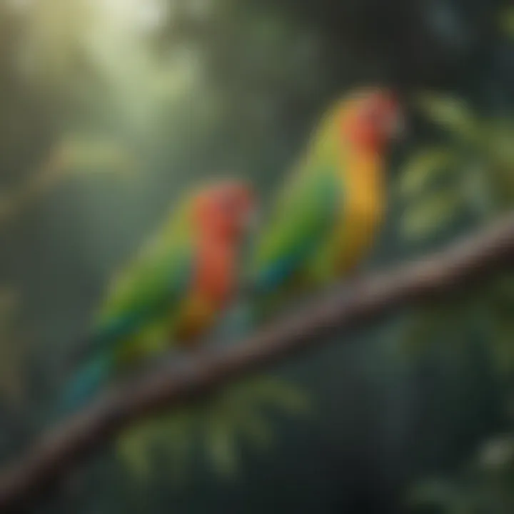 Colorful parakeets perched on a branch