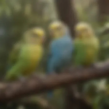 A close-up of a budgerigar in a natural habitat, emphasizing its playful nature.