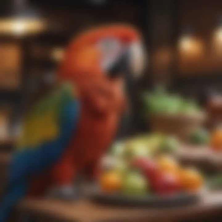 A pet owner feeding a macaw healthy fruits and vegetables.