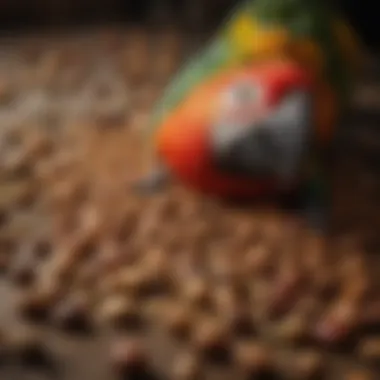 A close-up of mixed seeds, nuts, and fruits commonly fed to macaws.