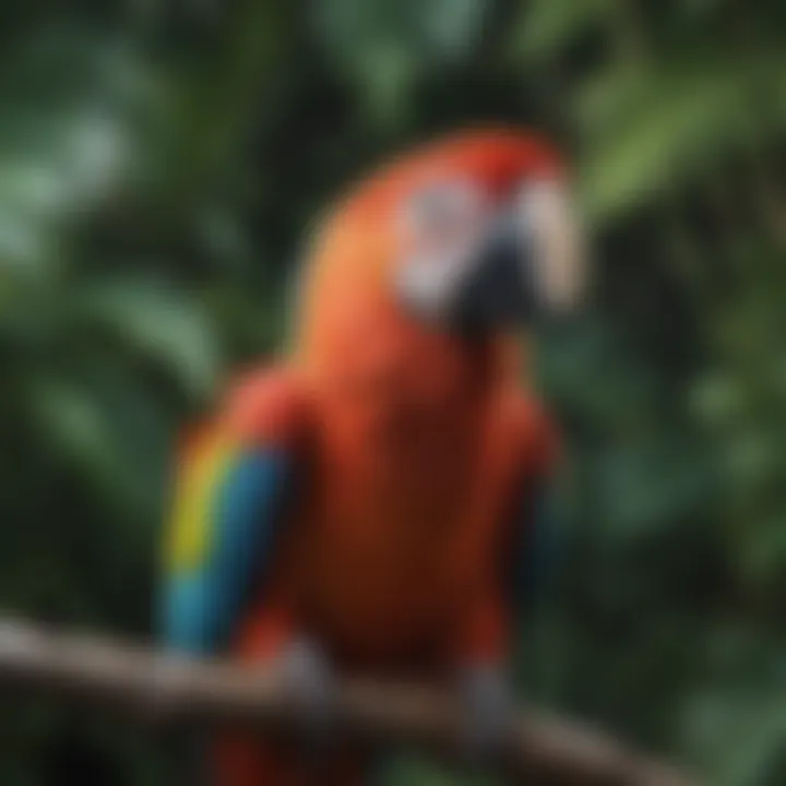 A vibrant macaw perched on a branch surrounded by tropical foliage.