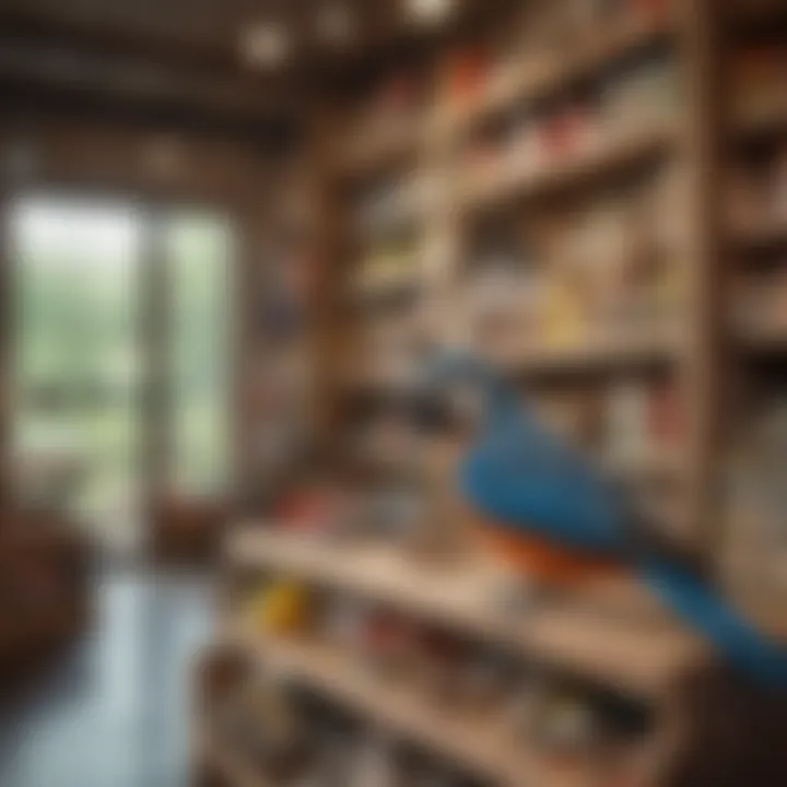 A vibrant array of bird toys displayed in a store setting, showcasing the MCAGE Store's diverse offerings for avian companions.