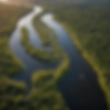 Aerial view of the Mississippi River showcasing its winding path, surrounded by lush landscapes.