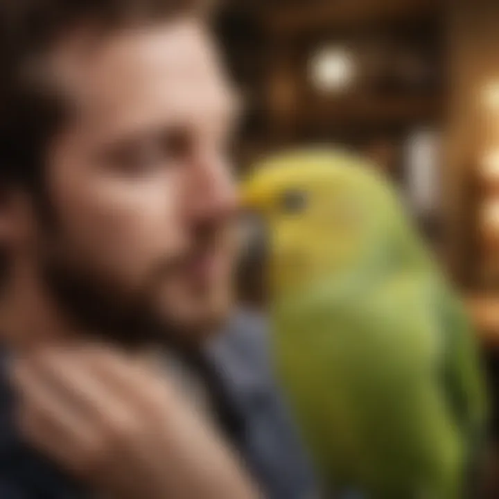 A lively budgerigar interacting with its owner, illustrating strong emotional bonds