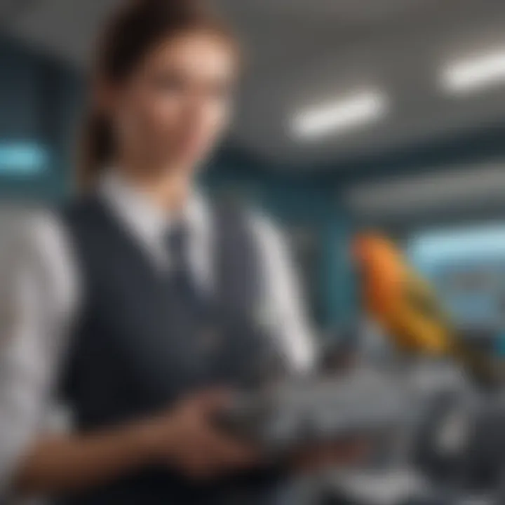 Airline staff assisting a passenger with a pet bird