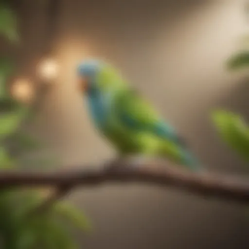 A close-up of a vibrant parakeet perched on a branch, looking healthy.