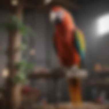 Parrot Engaging on Multi-Level Perch A vibrant parrot perched on a multi-level perch stand, engaging with toys.