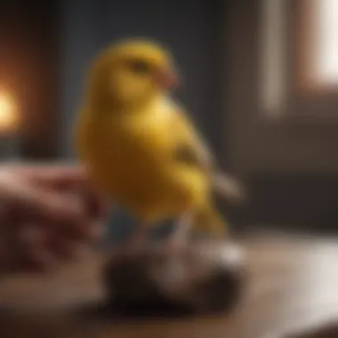 A detailed view of a hand holding a canary in a cozy environment