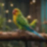 Colorful parakeets perched in a vibrant aviary